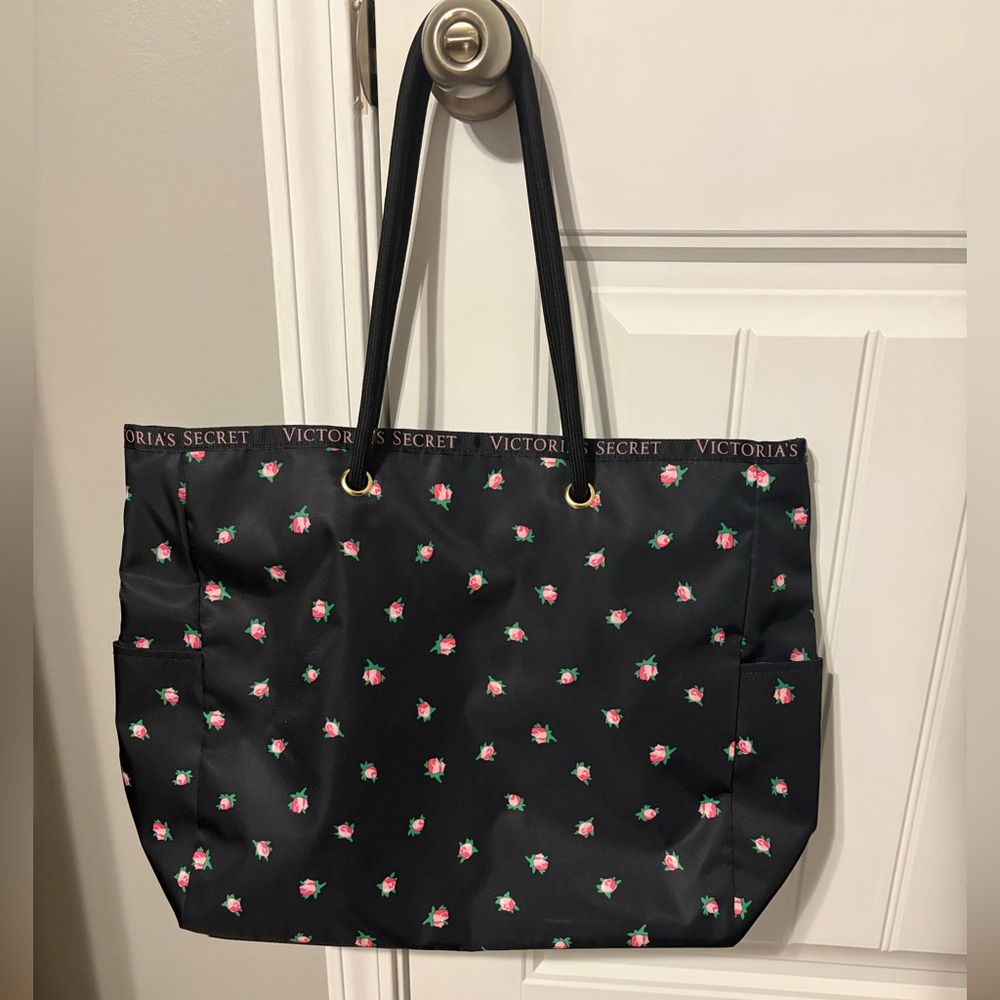 Victoria's Secret Black Tote with Pink Floral Design